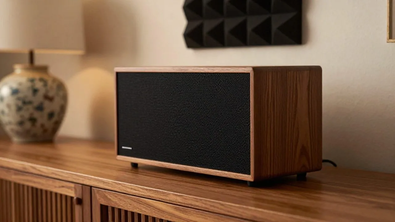 Altavoz de madera de diseño elegante sobre un aparador de roble en un salón acogedor.