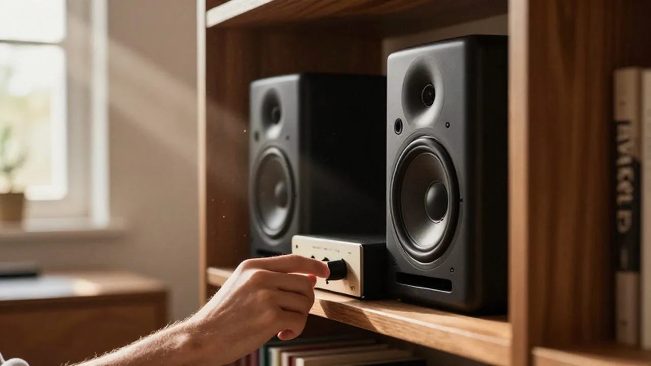 Una mano ajusta el volumen de un amplificador junto a unos altavoces en una estantería de madera.