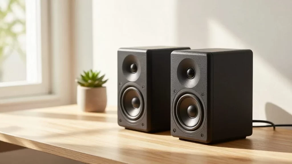 Altavoces modernos de estantería sobre un escritorio de madera con luz natural de mañana.