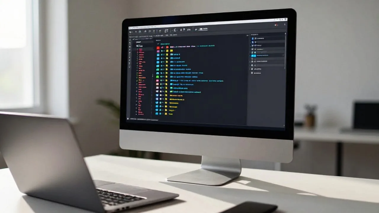 Escritorio minimalista con un monitor que muestra carpetas digitales organizadas por colores bajo luz natural.