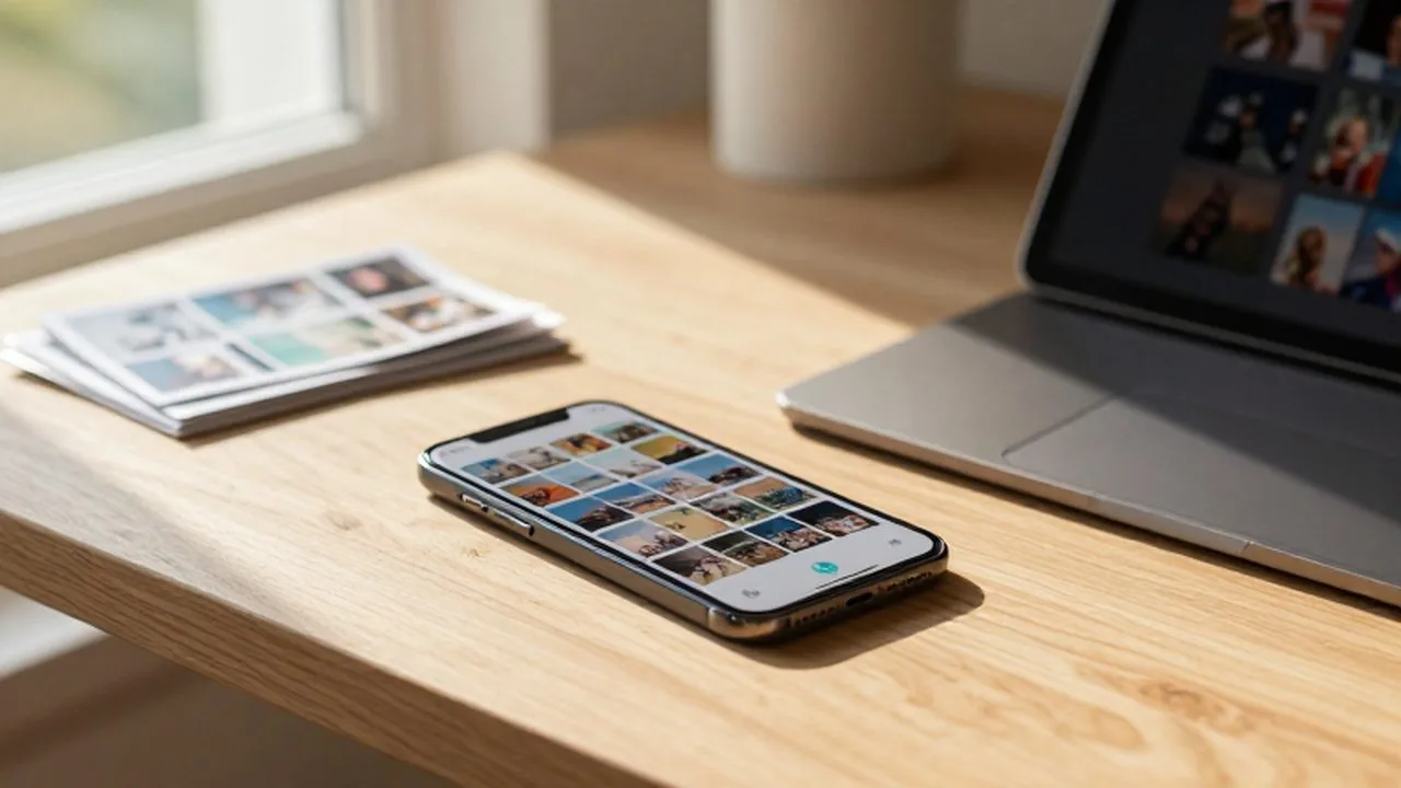 Smartphone con álbumes de fotos digitales junto a una tableta y fotografías impresas sobre un escritorio de madera.
