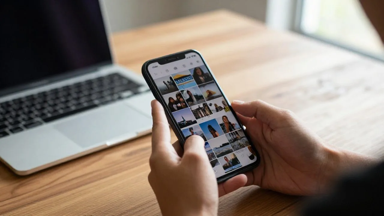 Manos sosteniendo un smartphone que muestra una galería de fotos desordenada sobre un escritorio de madera.