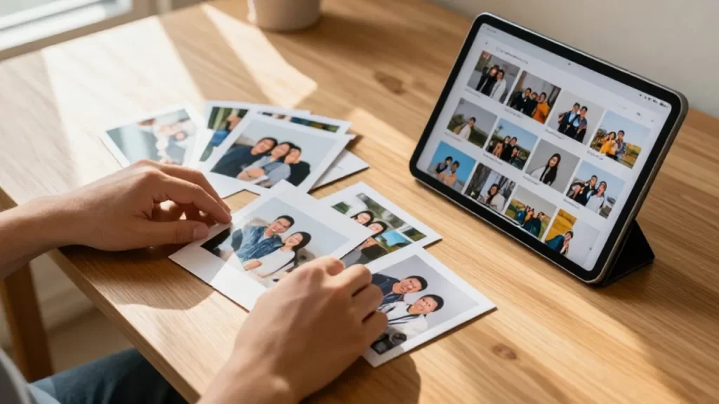 Manos organizando fotografías impresas y una tableta con una galería digital sobre un escritorio de madera.