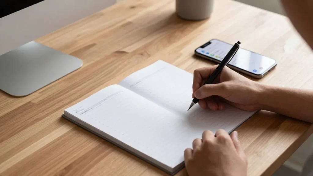 Persona escribiendo en una agenda sobre un escritorio minimalista junto a un smartphone.