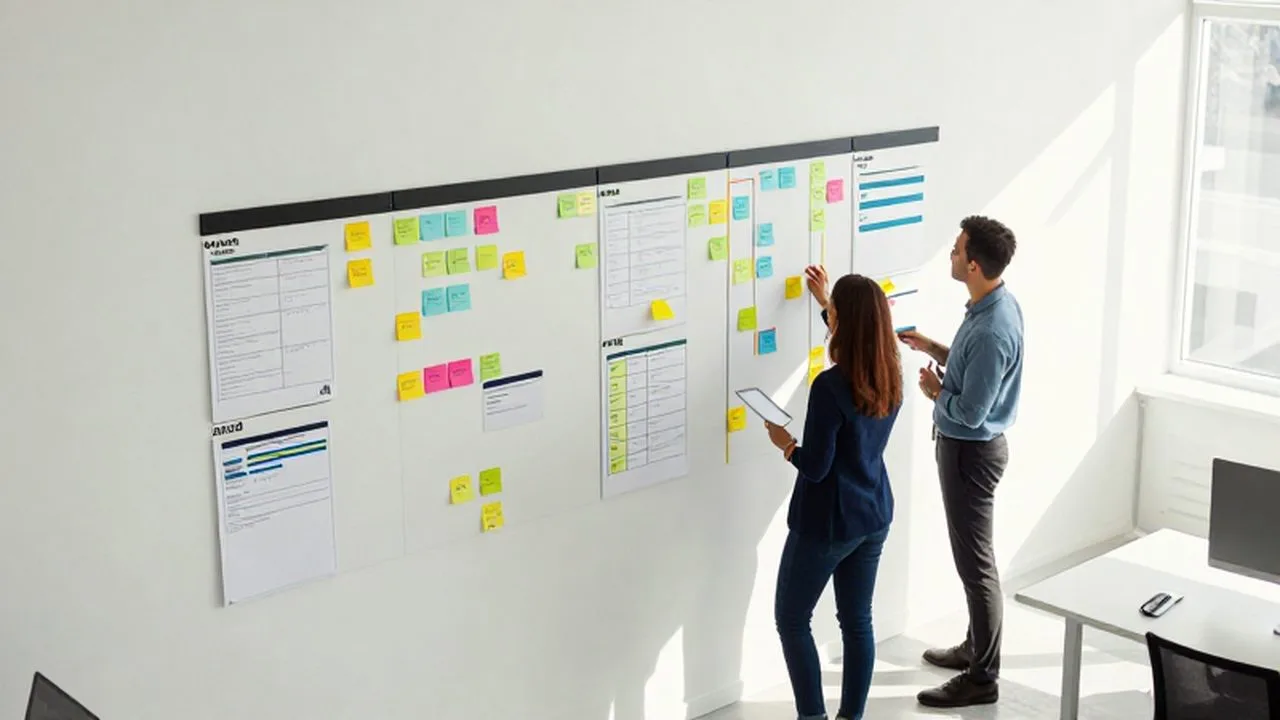 Dos profesionales discuten un proyecto frente a un tablero Kanban colorido en una oficina iluminada.