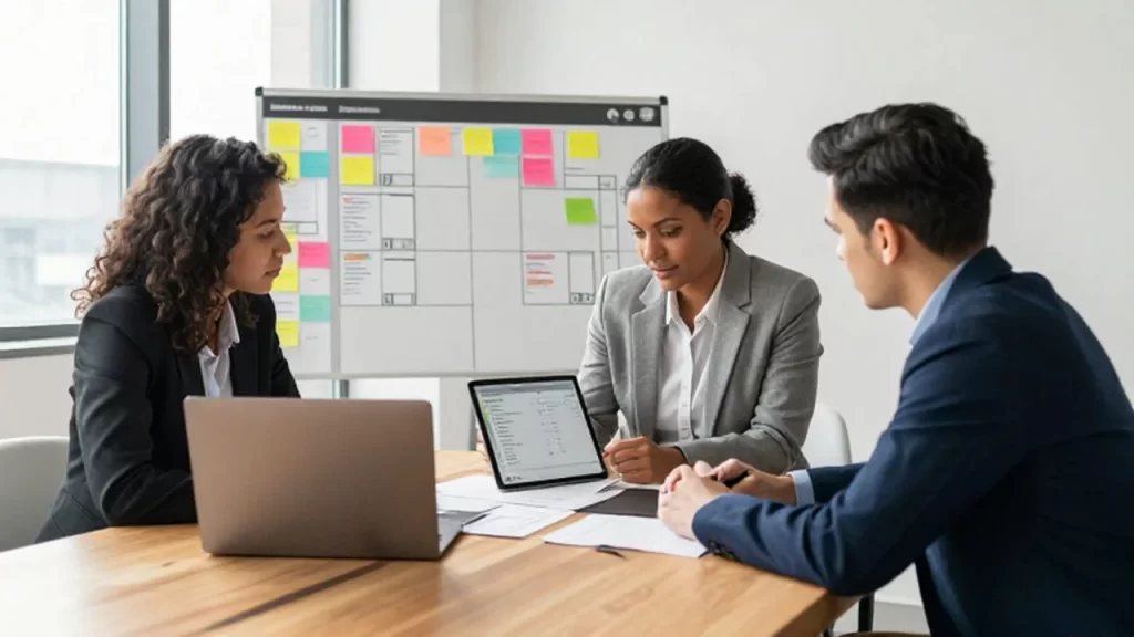 Tres colegas profesionales revisan un tablero Kanban digital y notas adhesivas en una oficina iluminada.