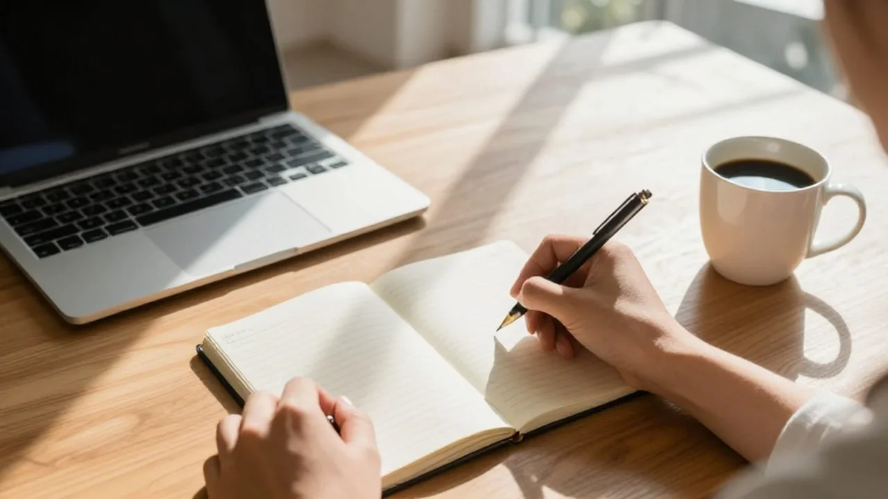 Manos escribiendo en una agenda sobre un escritorio despejado con café y un ordenador.