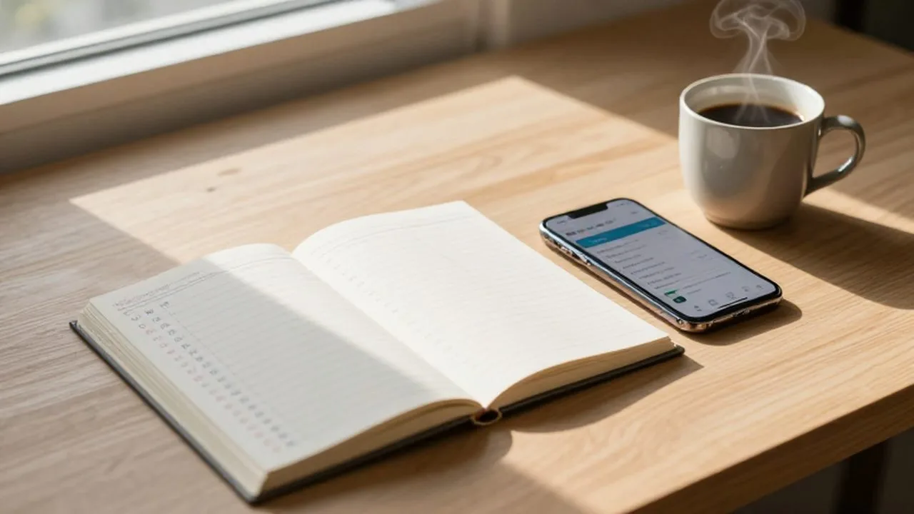 Escritorio de madera organizado con un planificador abierto, un smartphone y una taza de café bajo la luz del sol.
