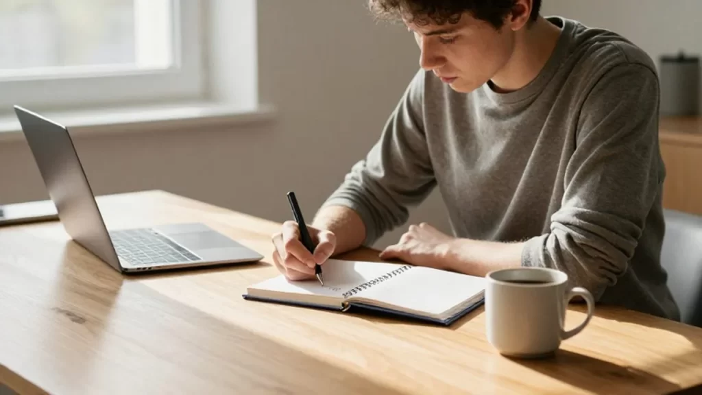 Persona concentrada escribiendo en una agenda sobre un escritorio moderno con un portátil y café.