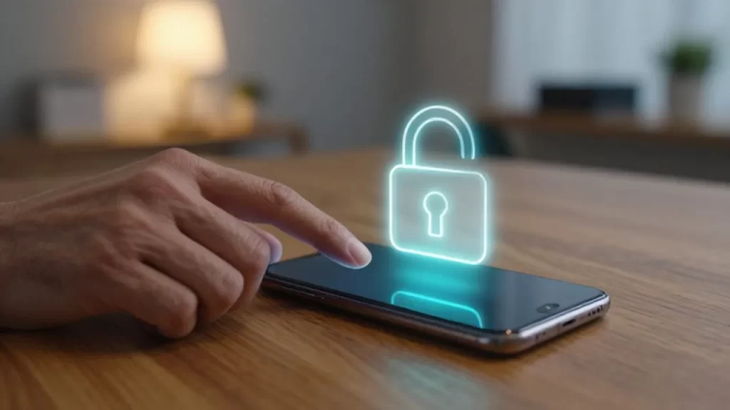 Manos usando un smartphone sobre un escritorio de madera con un icono digital de candado.