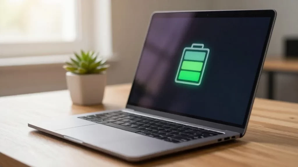 Laptop moderna sobre un escritorio de madera con un icono de batería cargada en pantalla.
