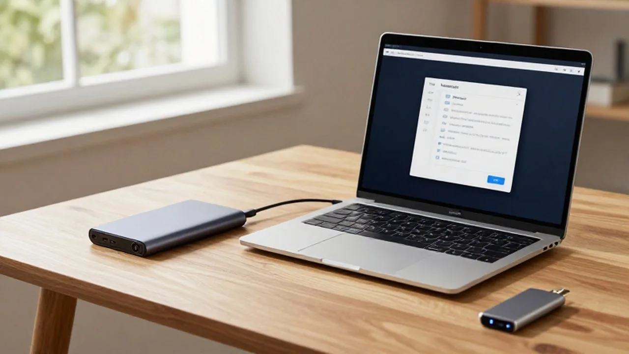 Portátil con interfaz de sincronización junto a un disco SSD y un USB sobre un escritorio de madera.