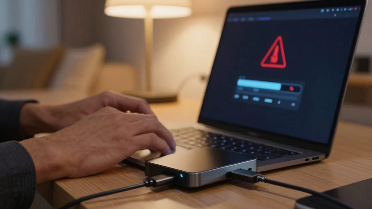 Manos trabajando en un portátil con un disco duro externo y un error de progreso en pantalla.