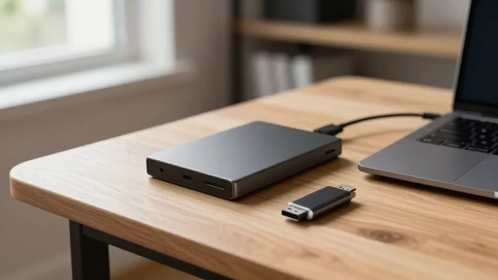 Un disco duro externo y una memoria USB sobre un escritorio de madera junto a un portátil.