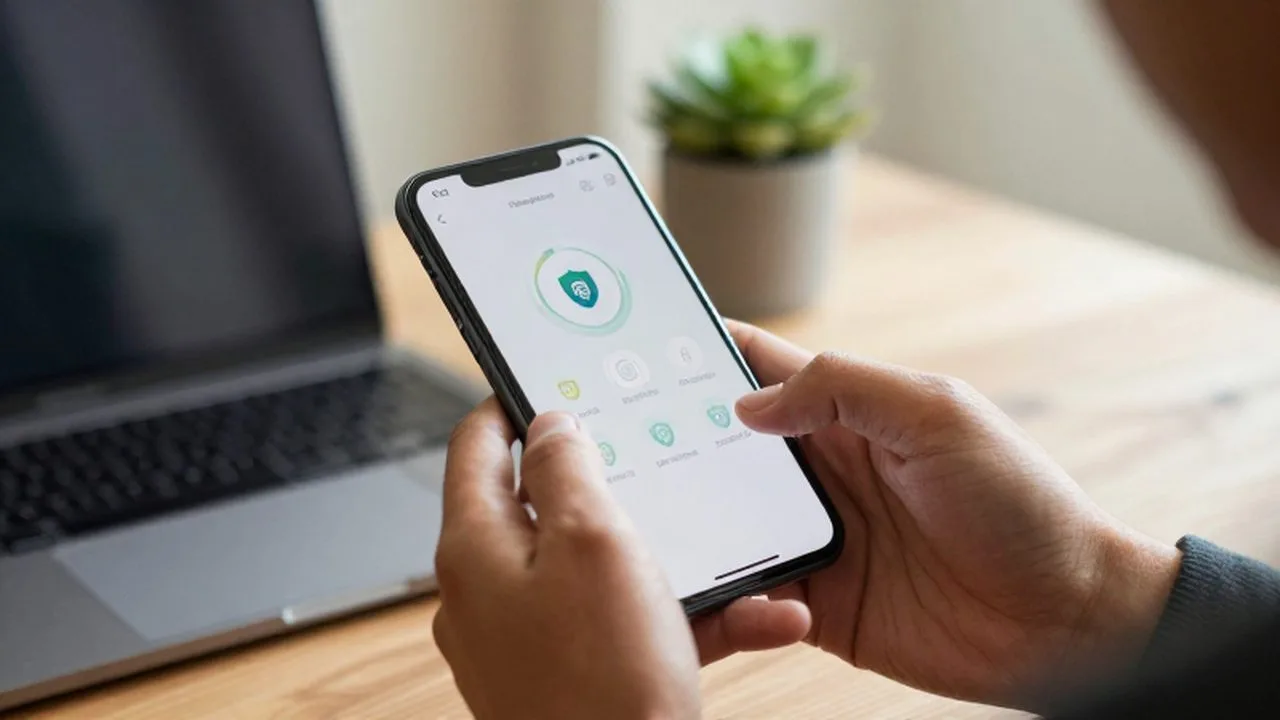 Manos de una persona utilizando un smartphone con una interfaz de seguridad biométrica en un hogar.