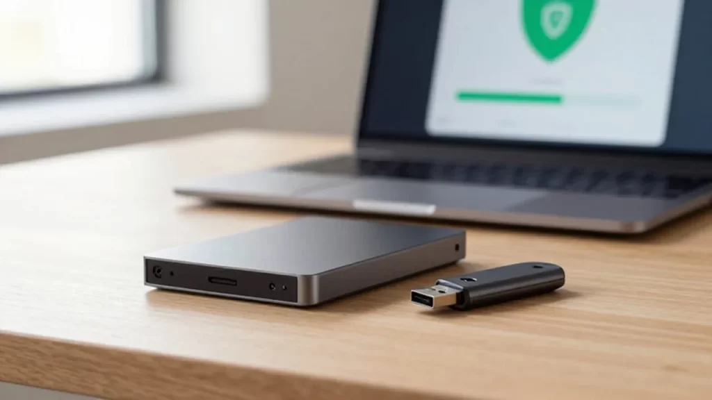 Disco duro externo y memoria USB sobre un escritorio de madera con un portátil de fondo.