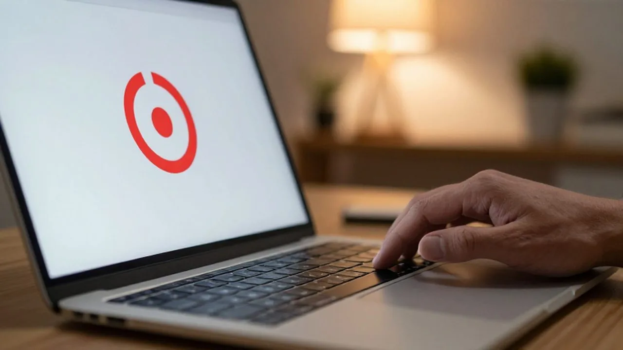 Pantalla de laptop con un aviso de error y símbolo de sincronización junto a la mano de un usuario.