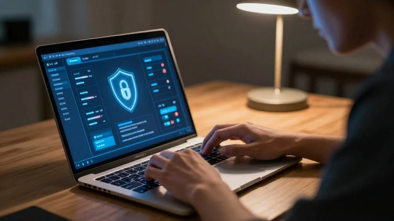 Persona concentrada revisando los controles de seguridad de una interfaz digital en su ordenador.