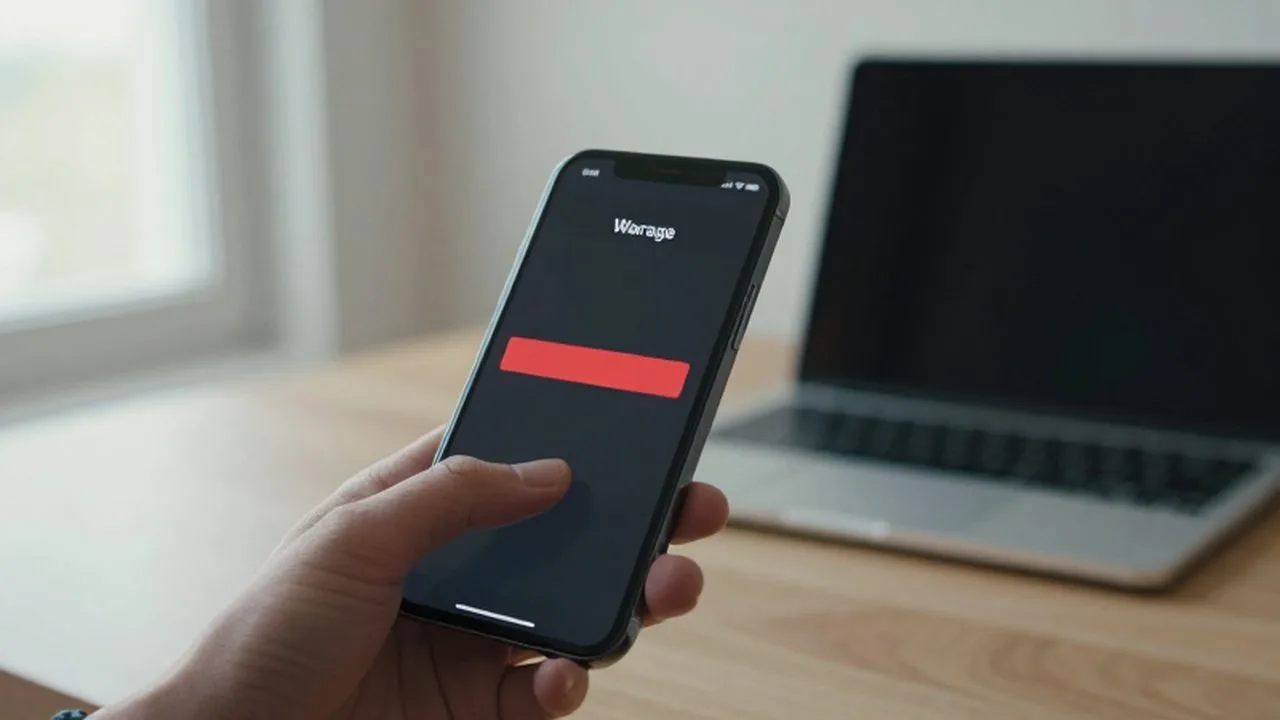 Pulgar de una persona sobre la pantalla de un smartphone que muestra un aviso de almacenamiento lleno.