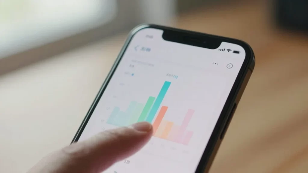 Dedo a punto de tocar un smartphone que muestra un gráfico de gestión de almacenamiento.