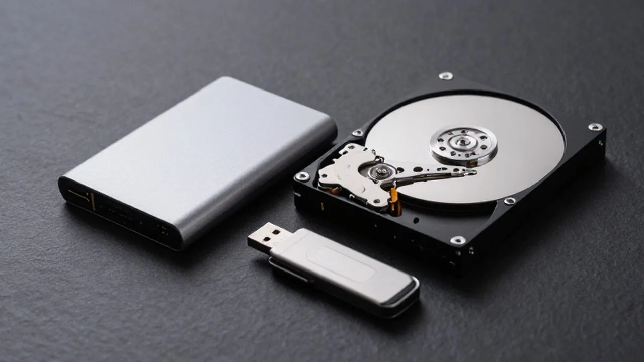 Un disco duro mecánico, un SSD externo y un USB antiguo sobre una superficie oscura.