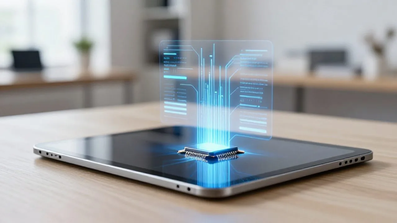Tablet moderna sobre un escritorio de madera con flujos de datos digitales saliendo de un microchip.