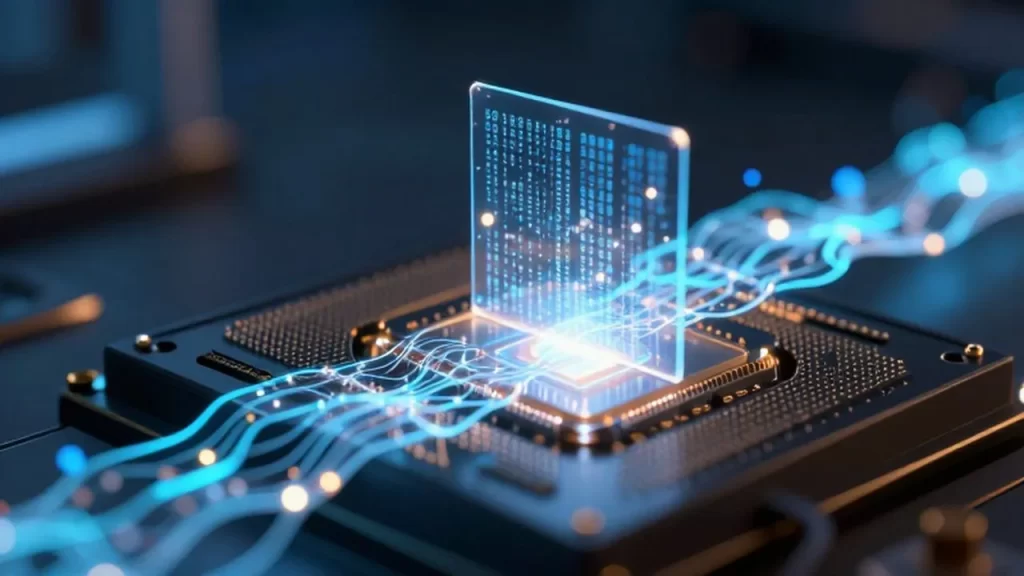 Flujo de datos holográficos y secuencias binarias brillantes atravesando un procesador tecnológico.