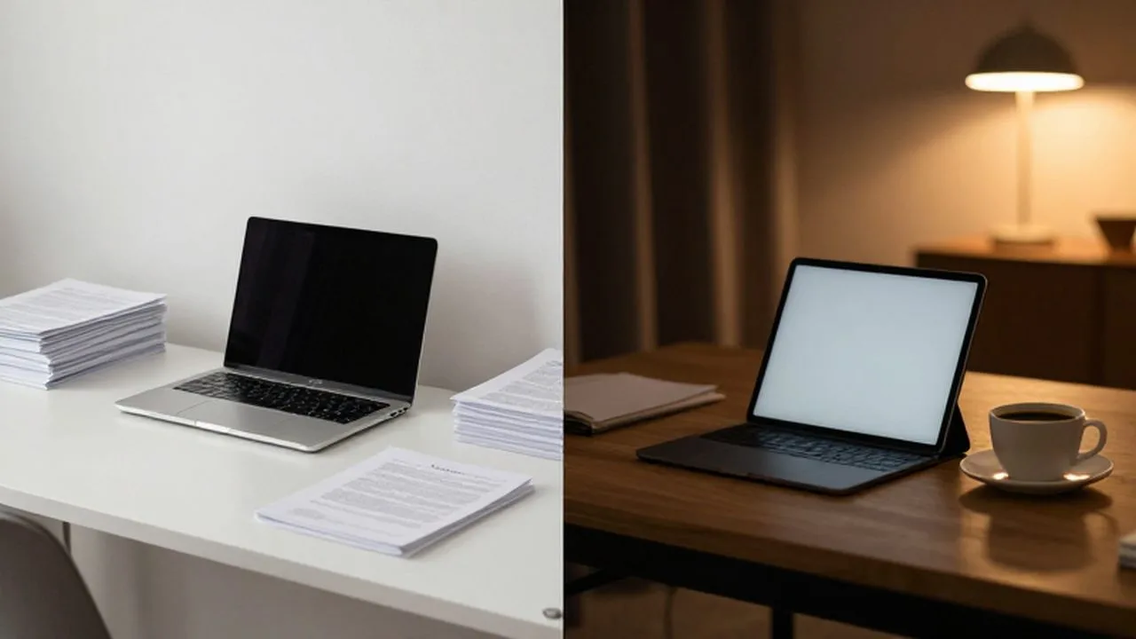 Vista dividida que muestra un escritorio de trabajo organizado frente a un rincón de descanso acogedor.