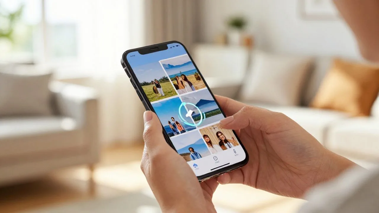 Manos sosteniendo un smartphone que muestra una galería de fotos sincronizándose en una sala iluminada.