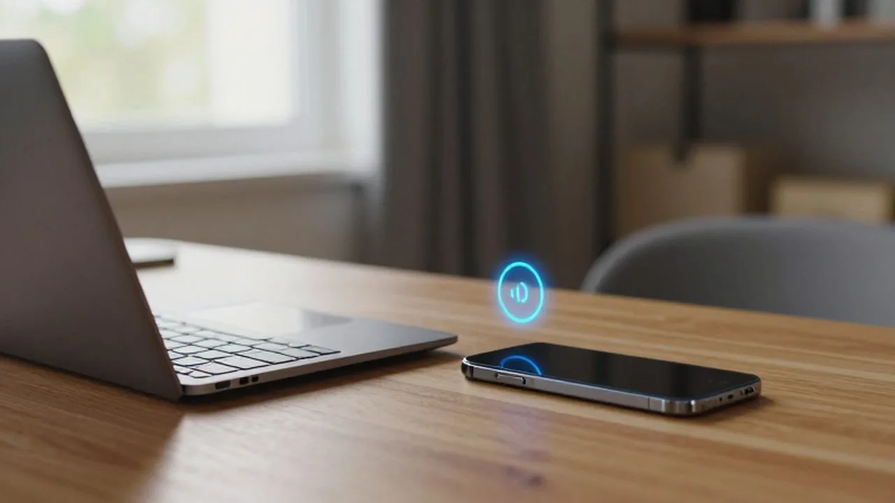 Portátil y smartphone sincronizados sobre un escritorio de madera en una oficina luminosa y organizada.