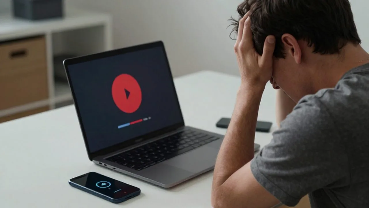 Persona frustrada frente a una computadora y un celular que muestran errores de conexión.