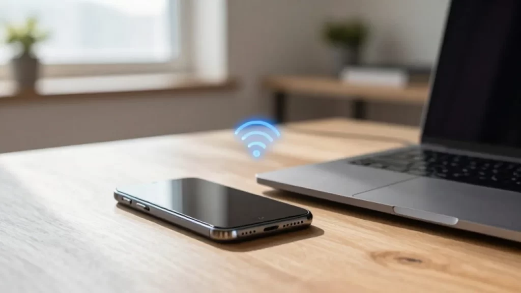 Smartphone y portátil sobre un escritorio de madera con un icono de sincronización azul entre ambos.