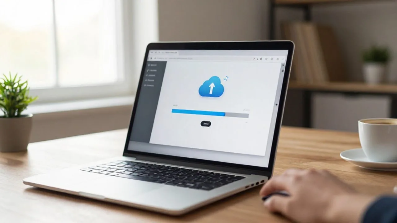 Mano usando un ratón para subir archivos a una interfaz de almacenamiento en la nube.