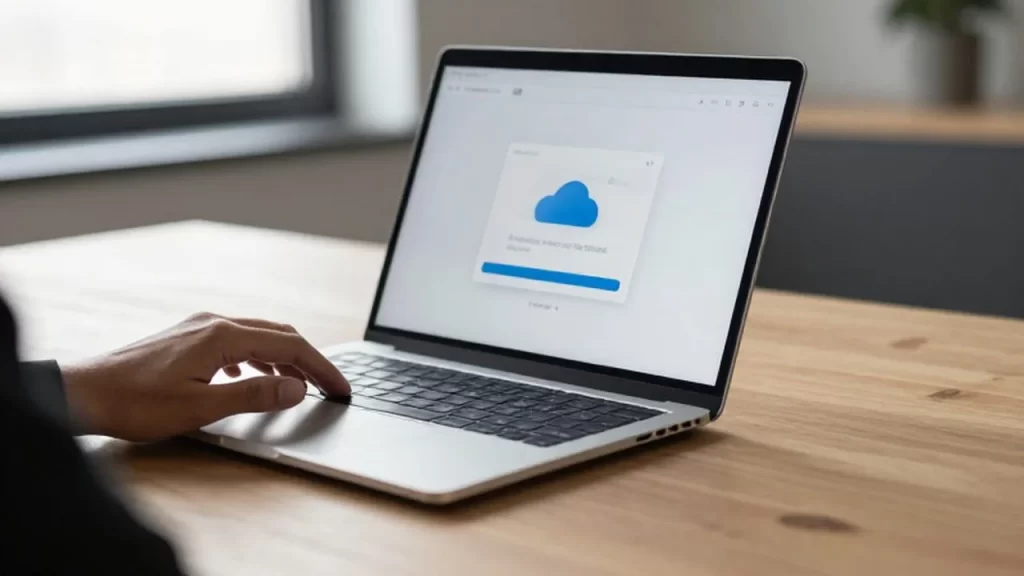 Mano usando una laptop sobre un escritorio de madera mientras se carga un archivo a la nube.