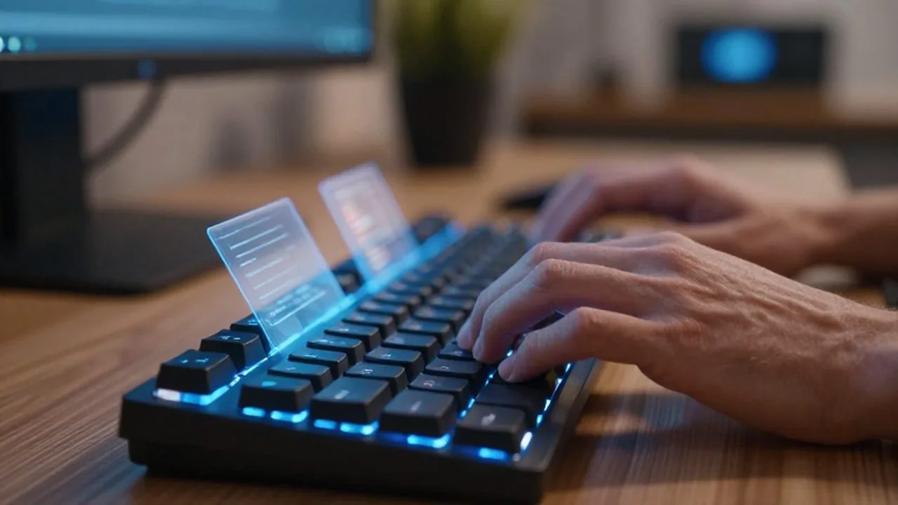 Manos de una persona tecleando en un teclado mecánico retroiluminado en una oficina moderna.