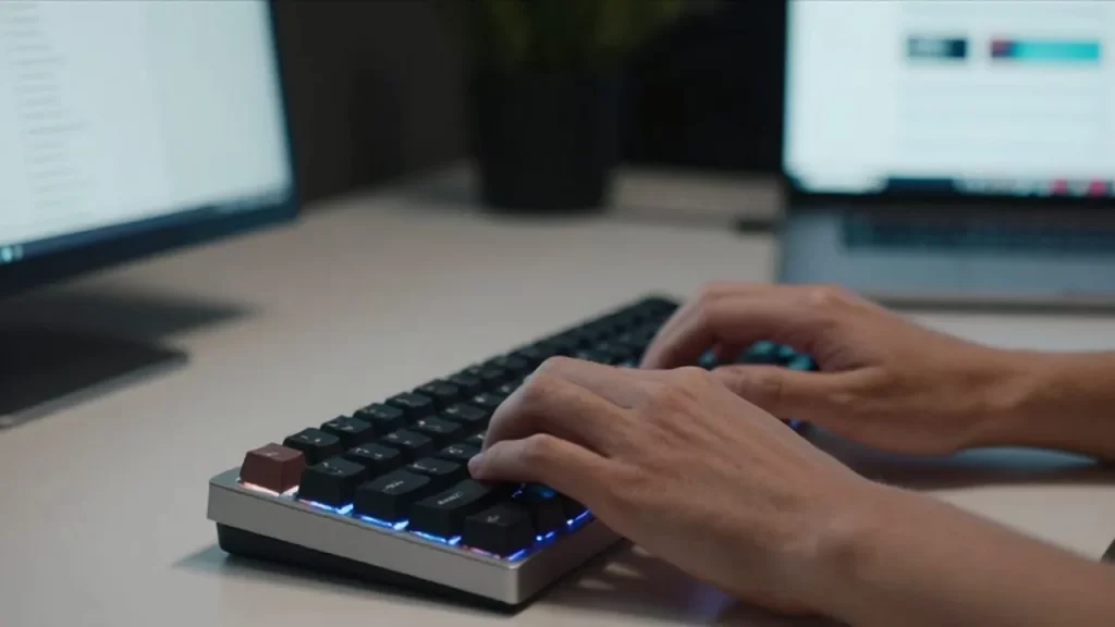 Manos de una persona escribiendo en un teclado mecánico retroiluminado en un escritorio minimalista.