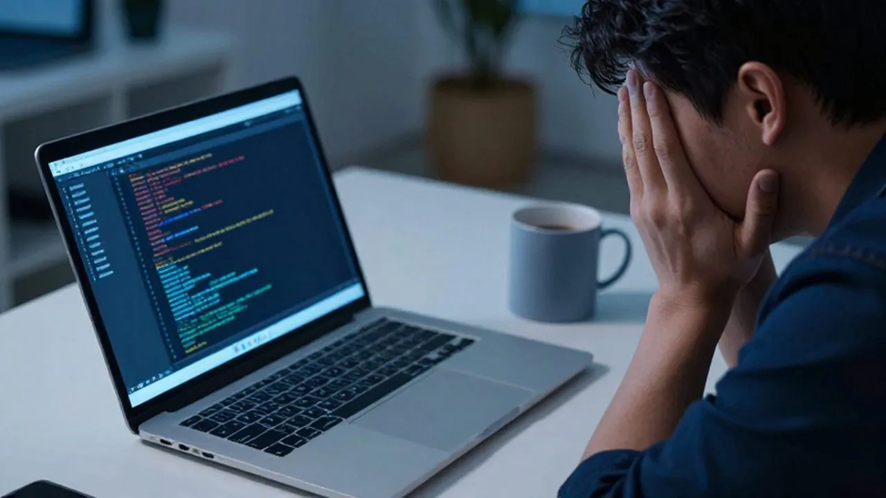Persona frustrada frente a una computadora con mensajes de error y código distorsionado en un escritorio.