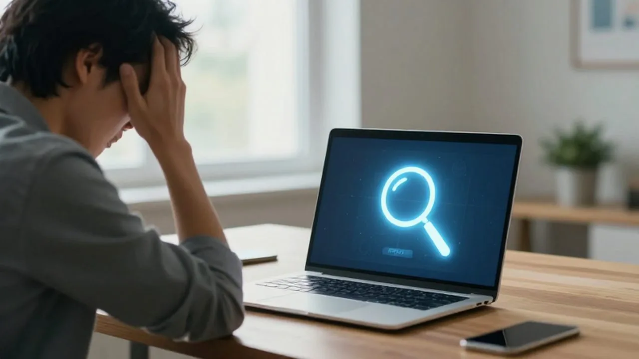 Persona con expresión de confusión mirando la pantalla de un ordenador portátil en su escritorio.