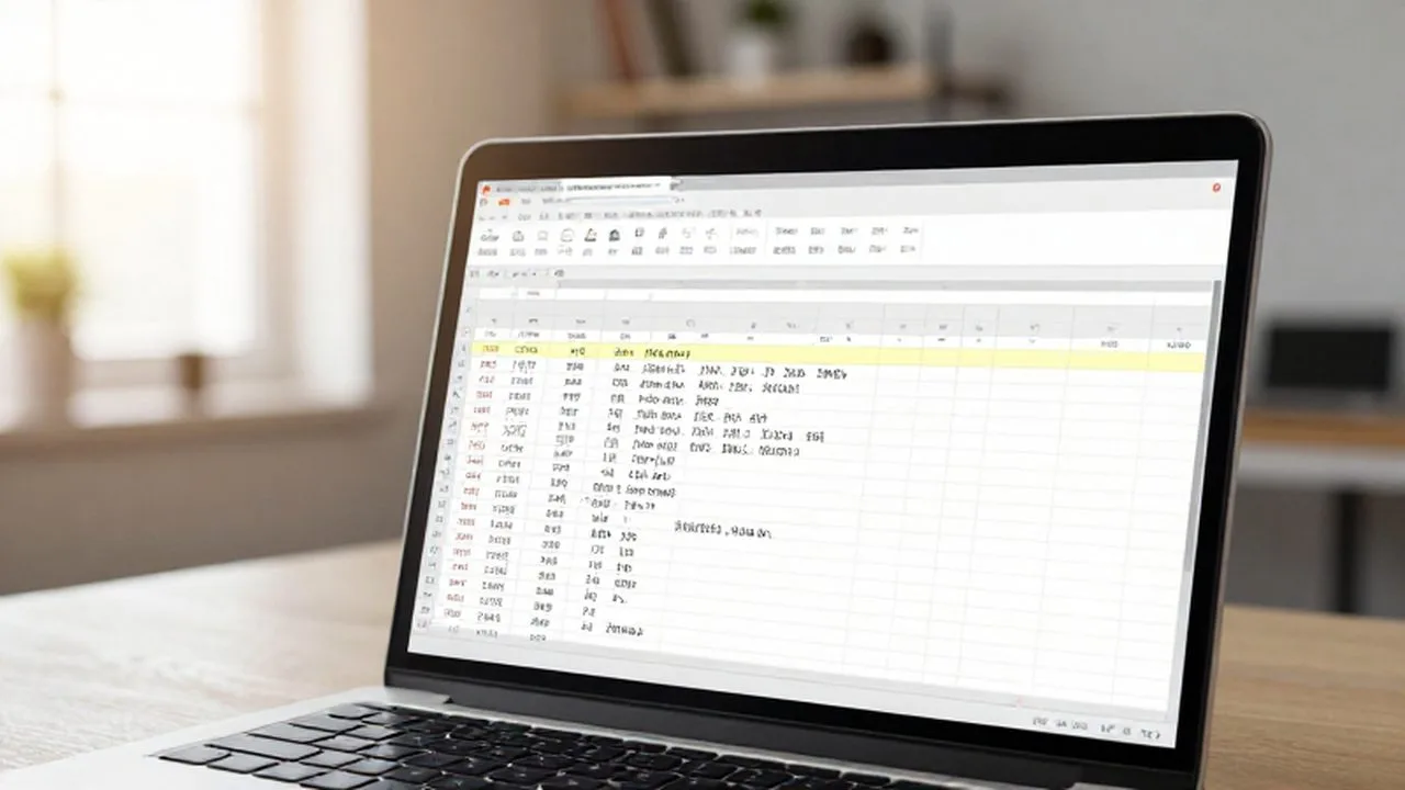 Primer plano de una pantalla de portátil con una hoja de cálculo de Excel en un despacho iluminado.