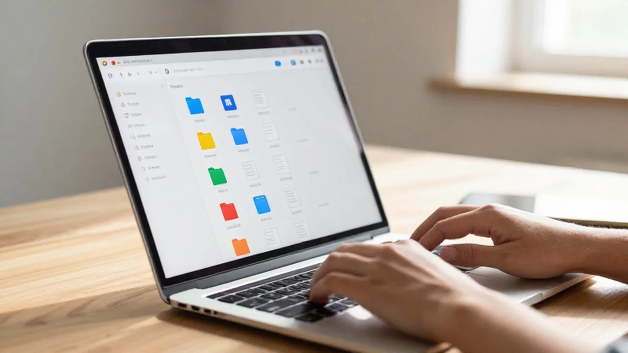 Manos trabajando en un portátil que muestra carpetas organizadas en Google Drive en un escritorio iluminado.