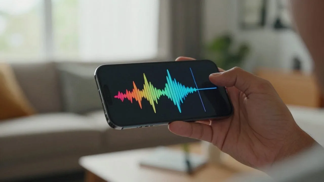 Mano sosteniendo un smartphone con una animación de ondas de voz coloridas en una sala acogedora.
