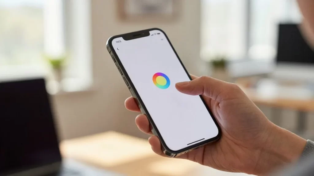 Mano sosteniendo un smartphone moderno a punto de pulsar un icono de notas en una oficina iluminada.