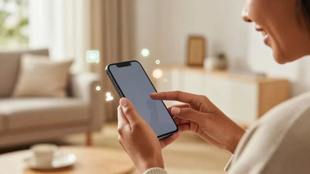 Persona sonriente interactuando con un smartphone moderno en un salón acogedor y luminoso.