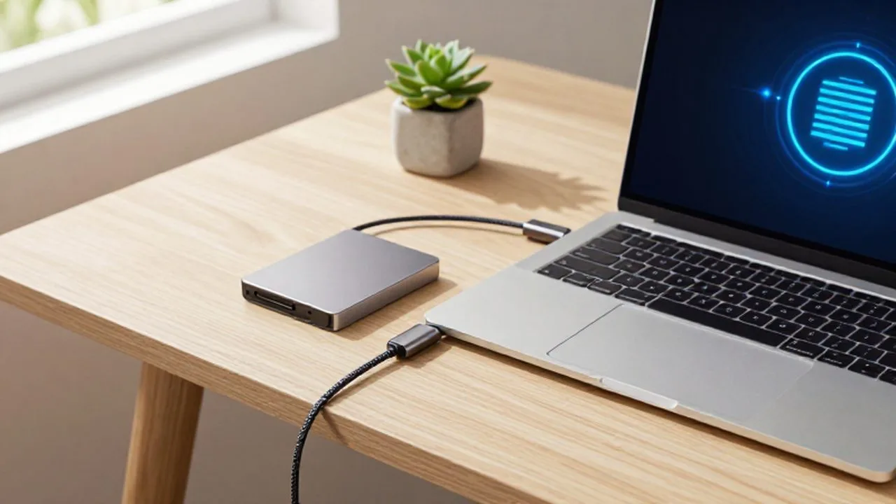 Portátil abierto junto a un disco duro externo conectado en un escritorio de madera minimalista.