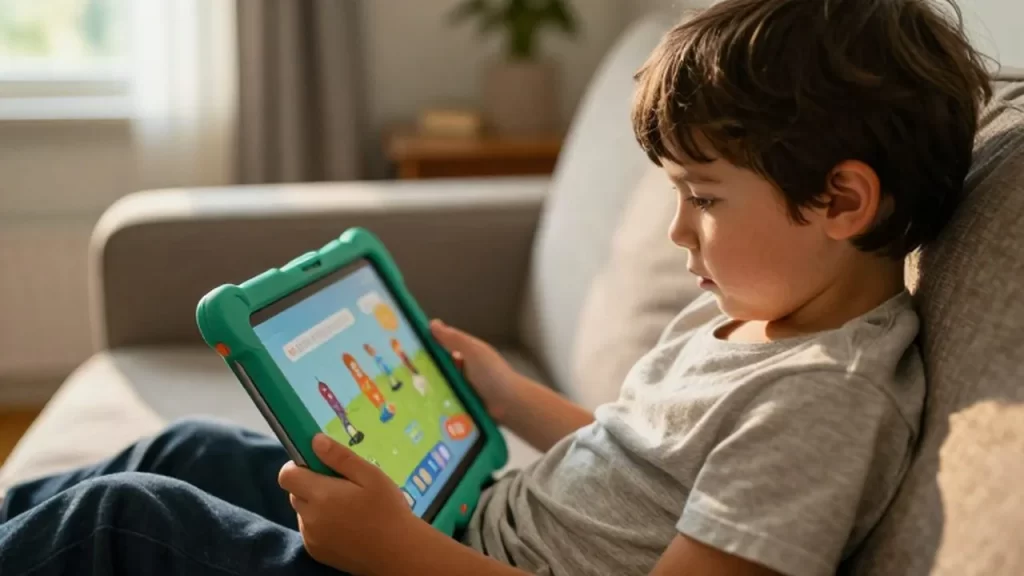 Niño pequeño sentado en un sofá usando una tableta con funda protectora en un salón iluminado.