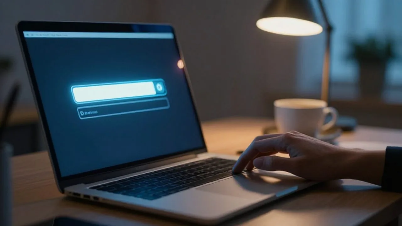 Mano dudosa sobre el portátil mientras una barra de actualización de software brilla en la pantalla.