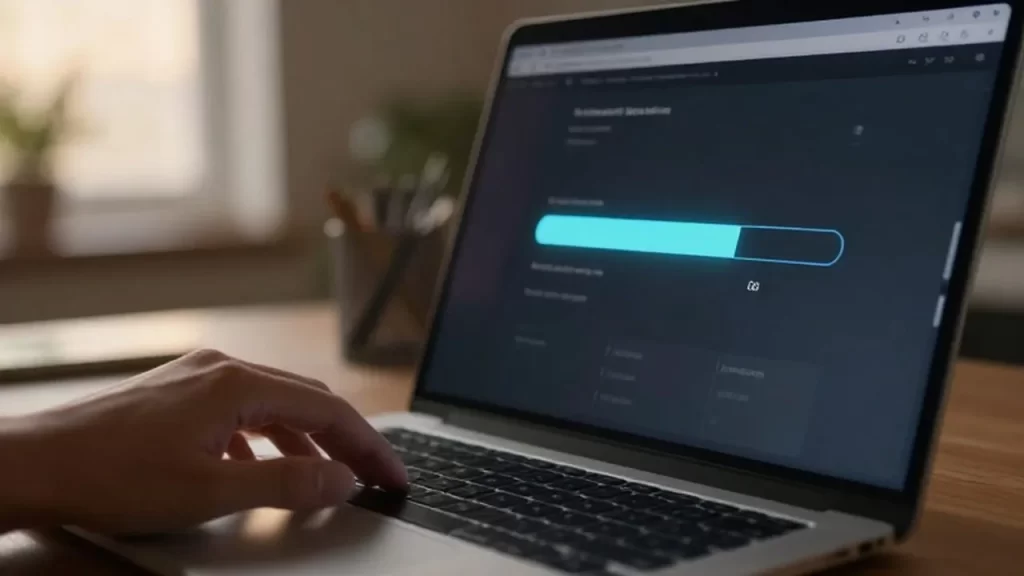 Una mano duda sobre el trackpad de un portátil frente a una barra de actualización.