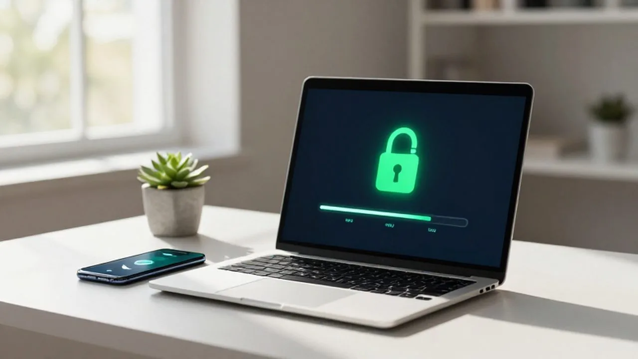 Laptop en escritorio minimalista mostrando una barra de sincronización segura junto a un smartphone verificado.