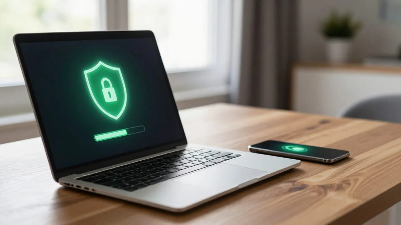 Portátil con un icono de escudo verde y copia de seguridad completada junto a un smartphone seguro.