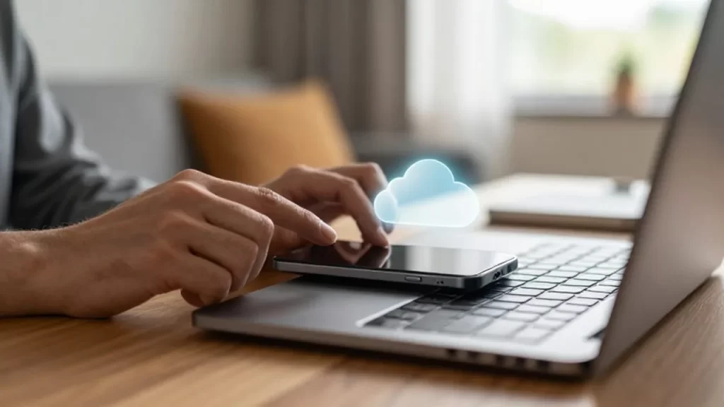 Manos usando un smartphone y una computadora portátil sobre un escritorio de madera.